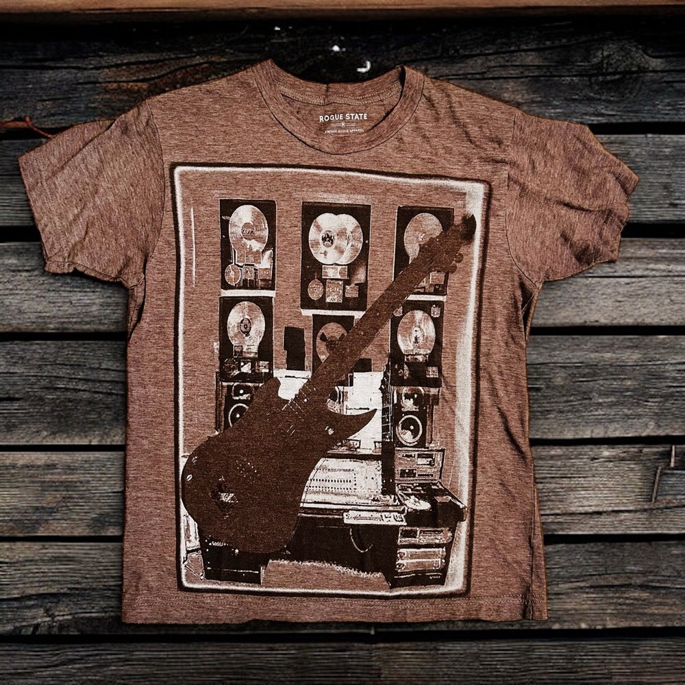 Rogue State Men’s Music Guitar Graphic Tee | Brown Marled Tshirt | Size S |